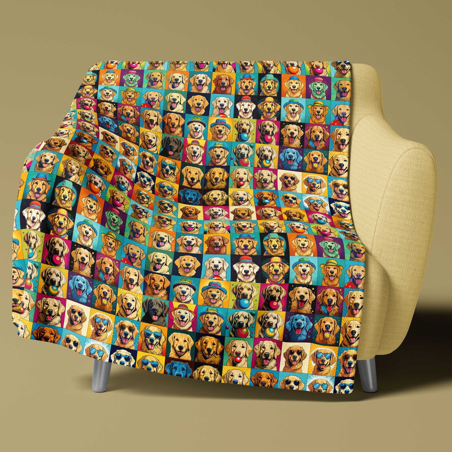 Shown on chair. Pop-art style Golden Retrievers with sunglasses, hats, and balls on a cozy fleece throw