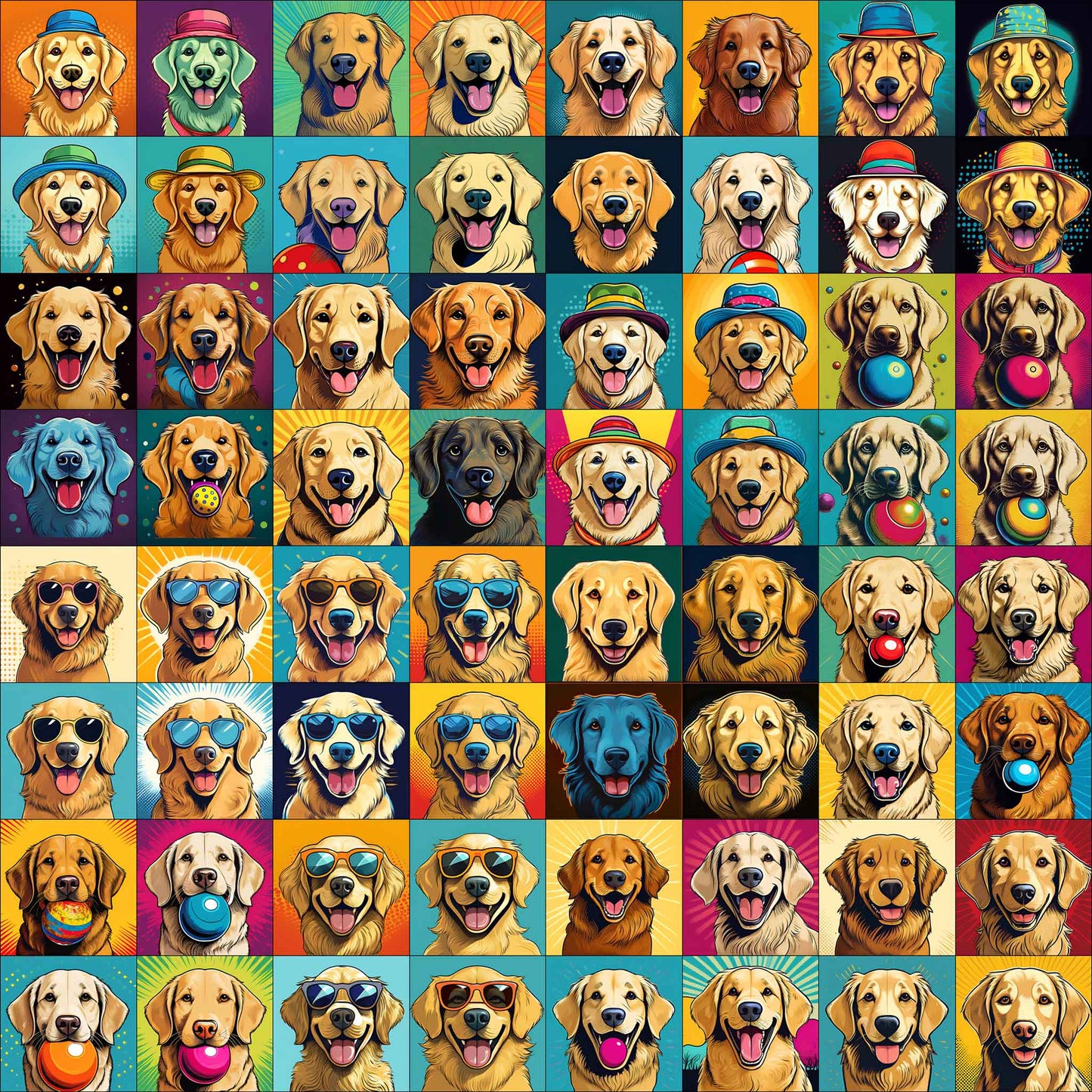 Golden Retriever blanket with colorful portraits and cheerful backgrounds