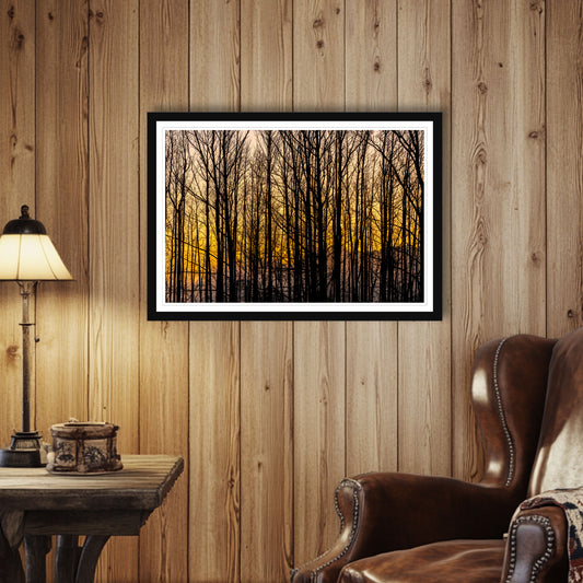 Black frame, in room. Central Texas sunrise with golden sky and silhouetted bare trees, peaceful and minimalist fine art photograph for framed wall display.