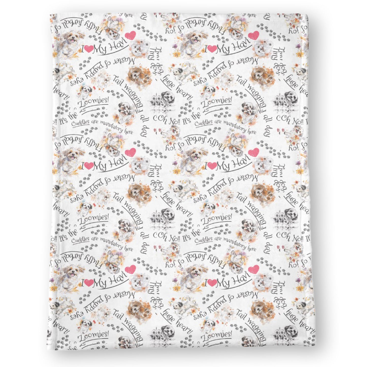Tree sizes. Havanese blanket with watercolor dog illustrations and loving breed quotes