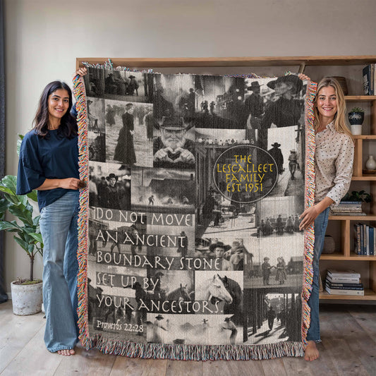 Large size. Personalized heirloom blanket with black-and-white vintage Texas western scenes, Proverbs 22:28 Bible verse, and family name text overlay