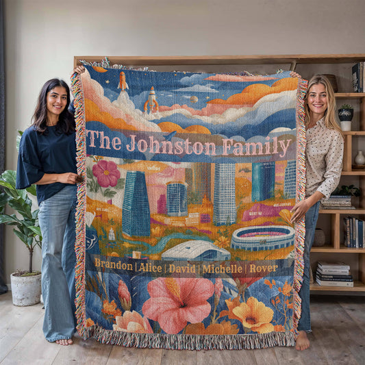 Large size. Bright, colorful! Personalized Houston woven blanket featuring rockets, skyline, stadiums, wildflowers, and customizable family name and member names.