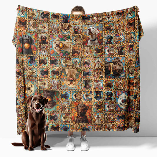 Labby Lounger blanket featuring yellow, black, white and chocolate Labrador Retrievers in floral frames over a background of dog bone-shaped treats, part of the Nature of Texas collection