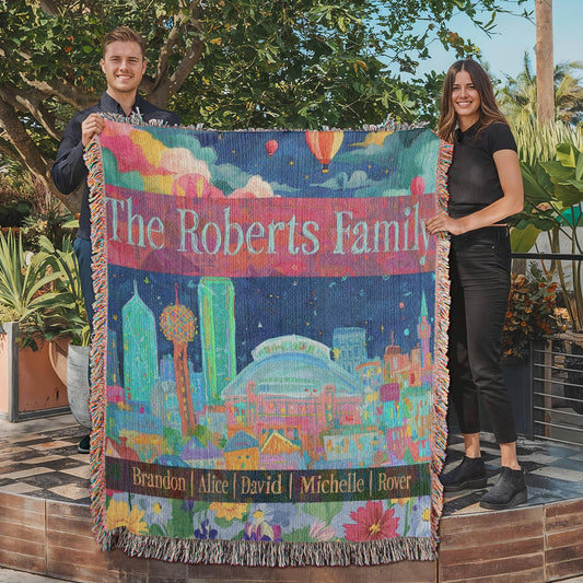 Large size. Colorful woven blanket featuring the Dallas skyline with hot air balloons, wildflowers, and personalized family name and names.
