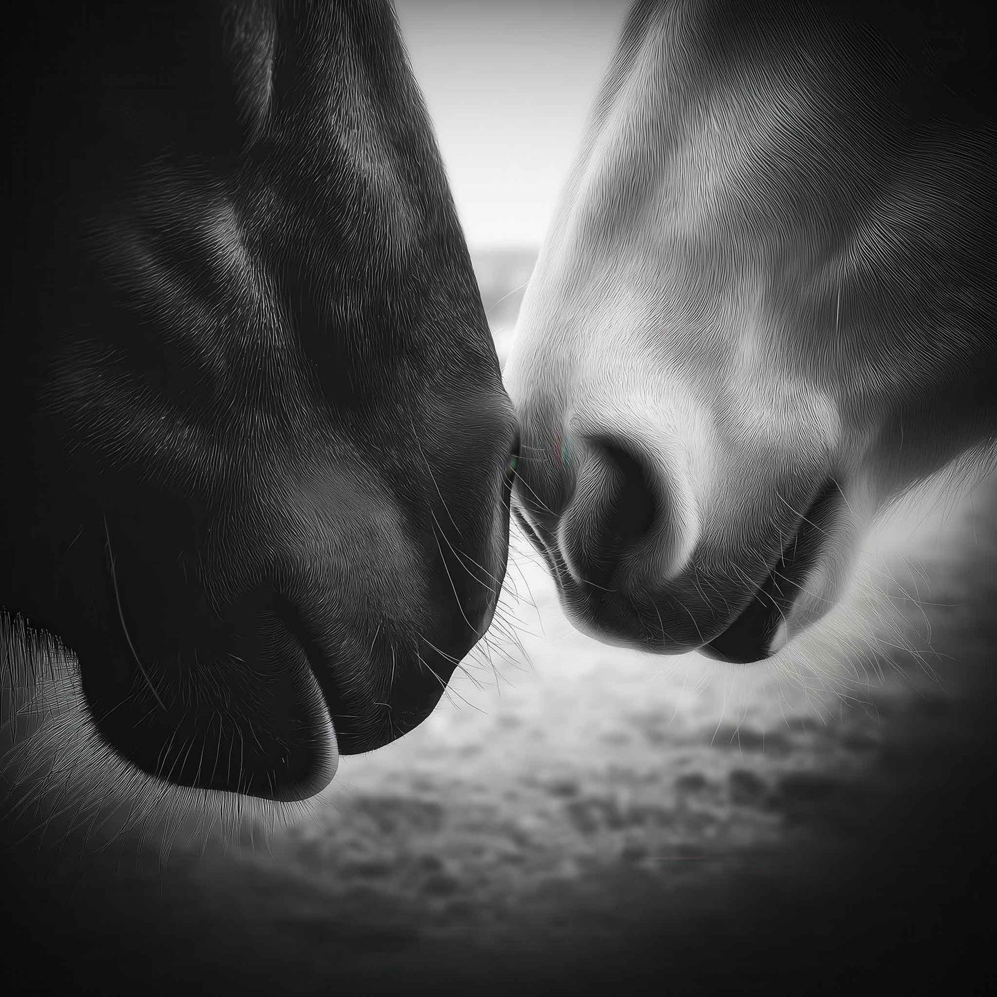 Light Meets Shadow is a Black & White Horse Canvas Print close-up of two horses touching noses – symbolizing trust, unity, and quiet connection.