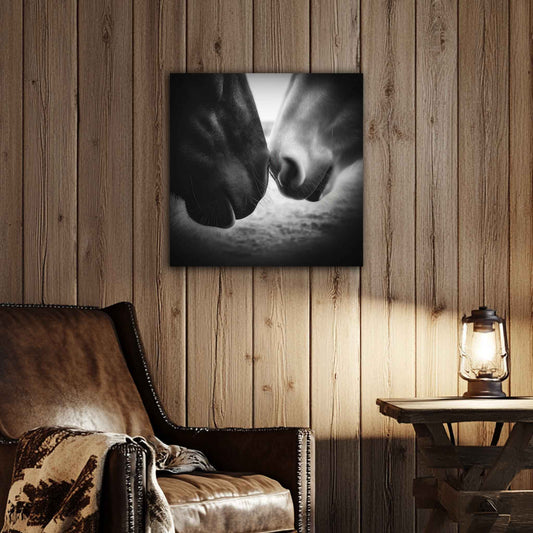 Room view. Light Meets Shadow is a Black & White Horse Canvas Print close-up of two horses touching noses – symbolizing trust, unity, and quiet connection.