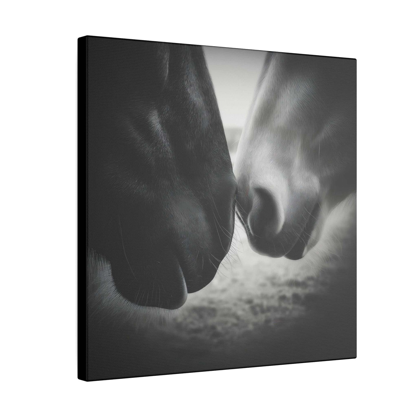 Light Meets Shadow is a Black & White Horse Canvas Print close-up of two horses touching noses – symbolizing trust, unity, and quiet connection, side view.