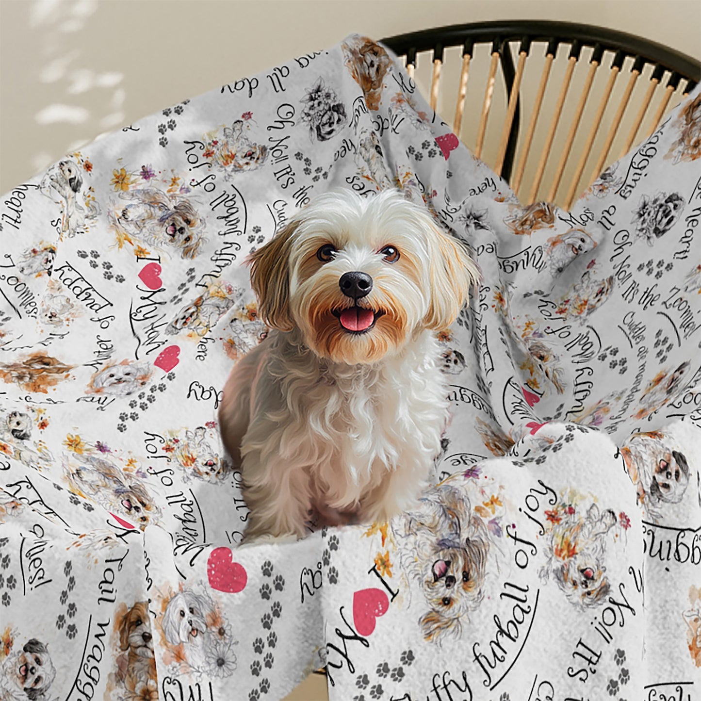 I Love My Havi minky throw with smiling dogs and heart graphics