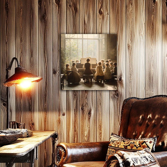 Shown on wood paneled wall. Vintage canvas print of a teacher playing piano for children in a sunlit classroom. A warm, timeless moment filled with music, light, and learning.