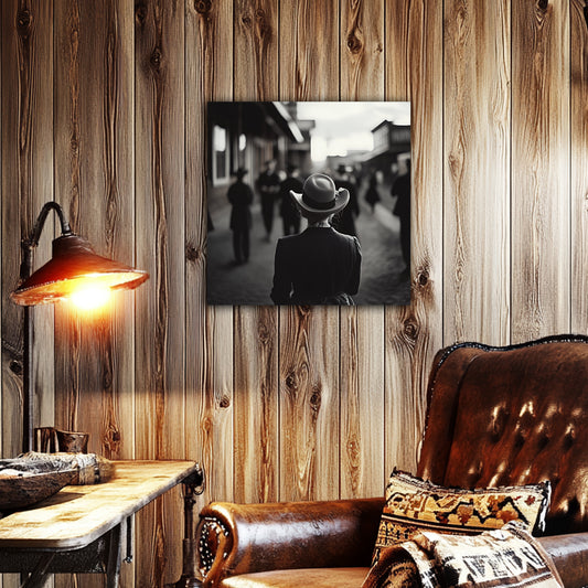 “New in Town” – Black and White Western Street Scene Canvas Print