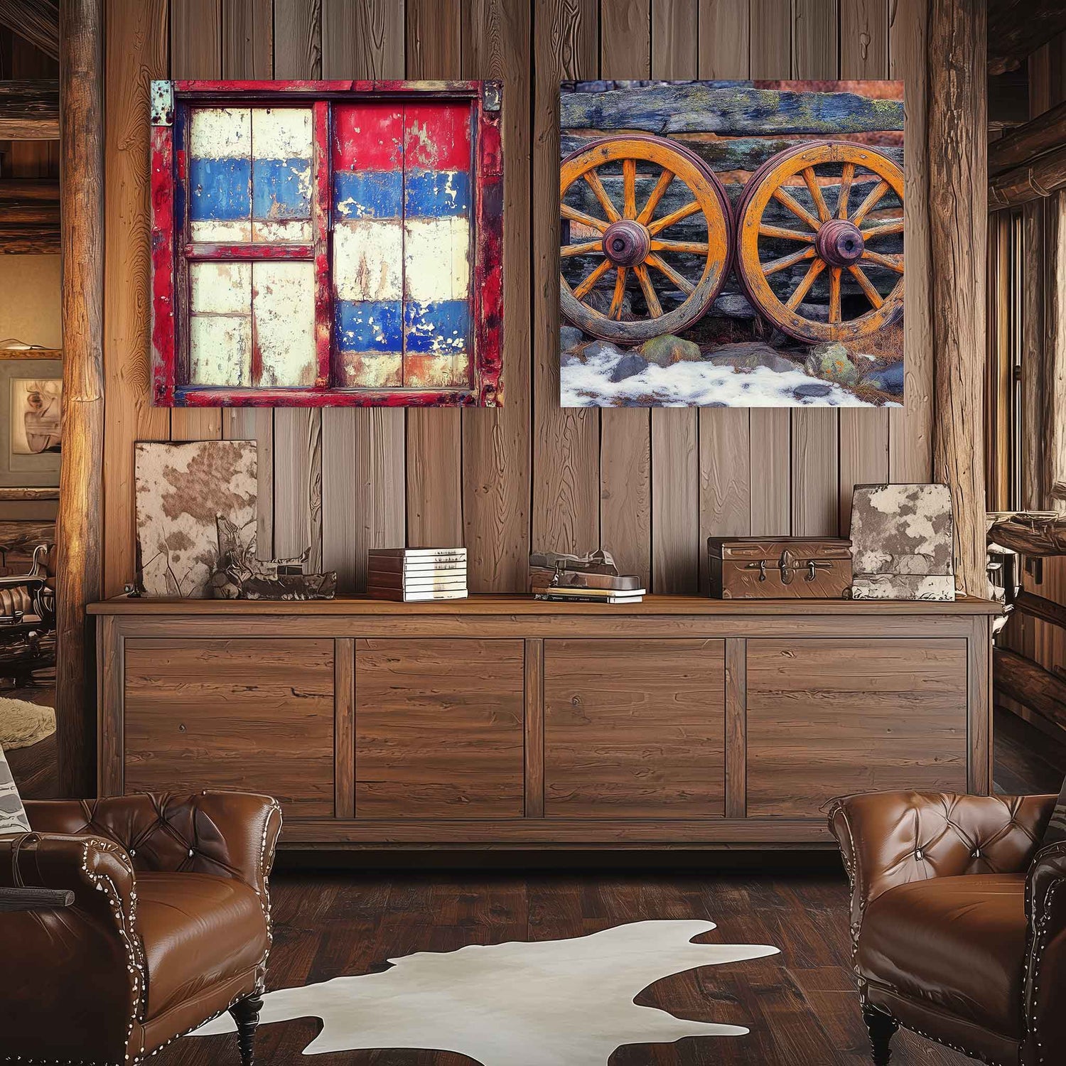 Art of old Texas windows and vintage wagon wheels.