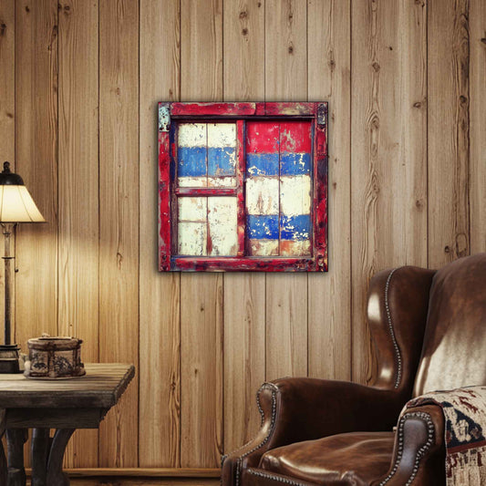 Room view. Weathered wooden window with red, white, and blue peeling paint in a rustic Western Americana style.