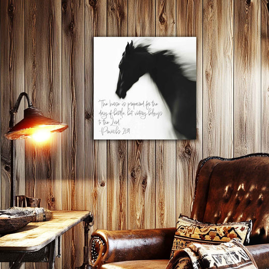 Room view. Black horse in motion with handwritten Proverbs 21:31 Bible verse in black-and-white Western Christian art style.