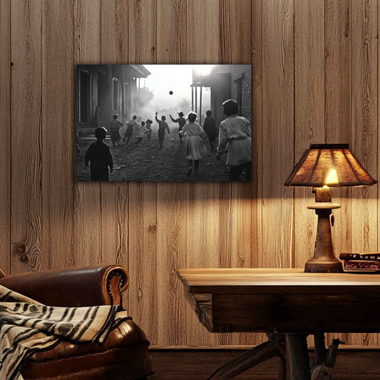 Room view. Black-and-white western street scene canvas print of children running and playing ball at sunset, capturing joyful movement and nostalgic charm.