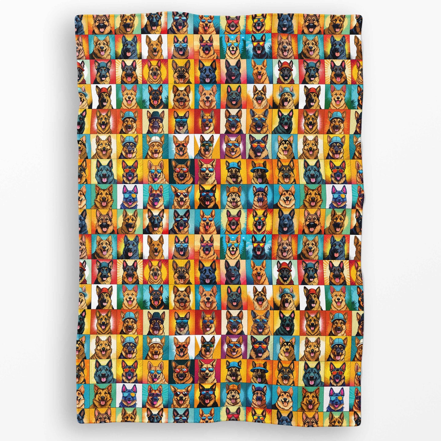 Sherpa throw with bold German Shepherd faces, hats, sunglasses, and smiles