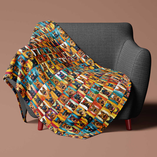 Displayed on a chair. Sherpa throw with bold German Shepherd faces, hats, sunglasses, and smiles