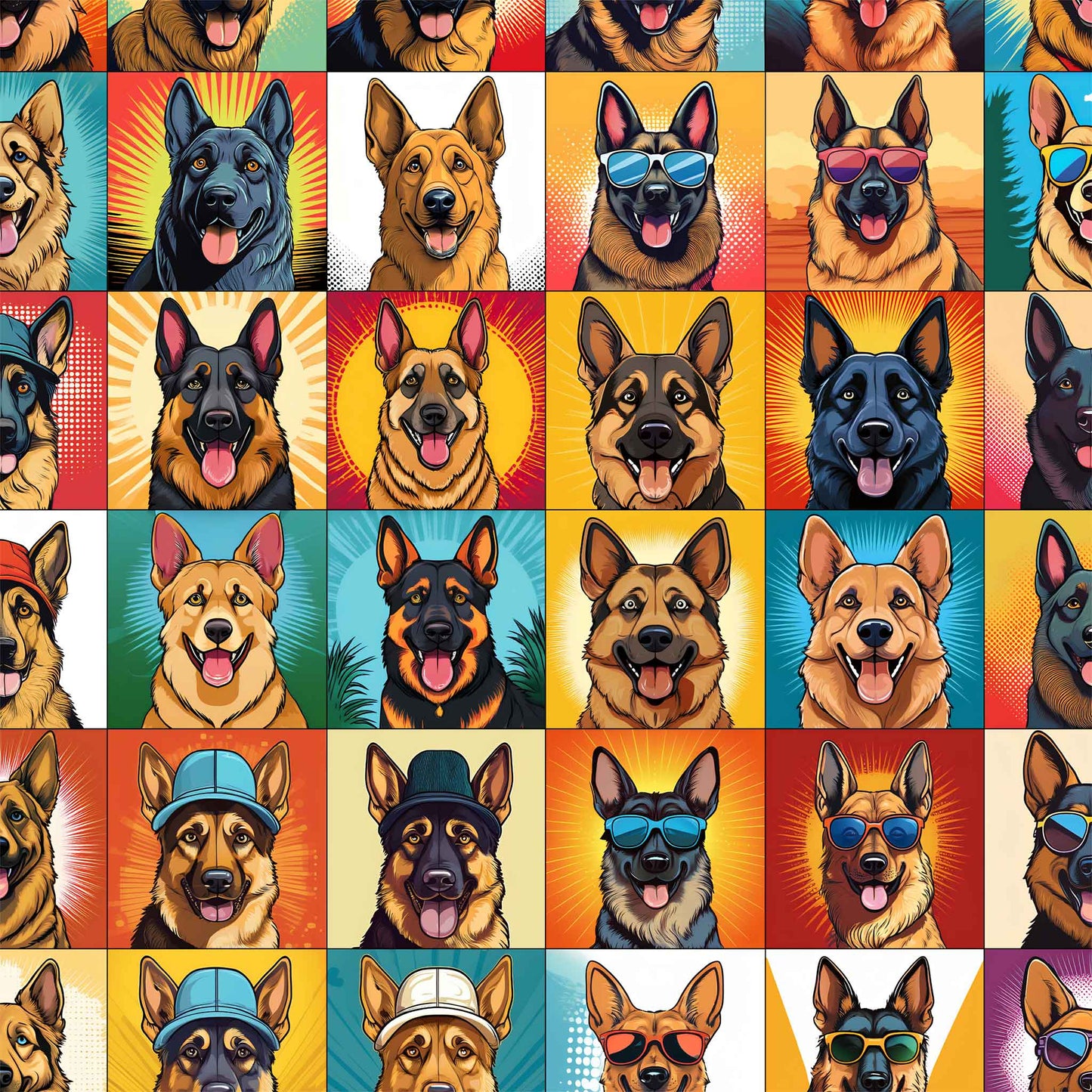 German Shepherd blanket with colorful pop-art style dog illustrations
