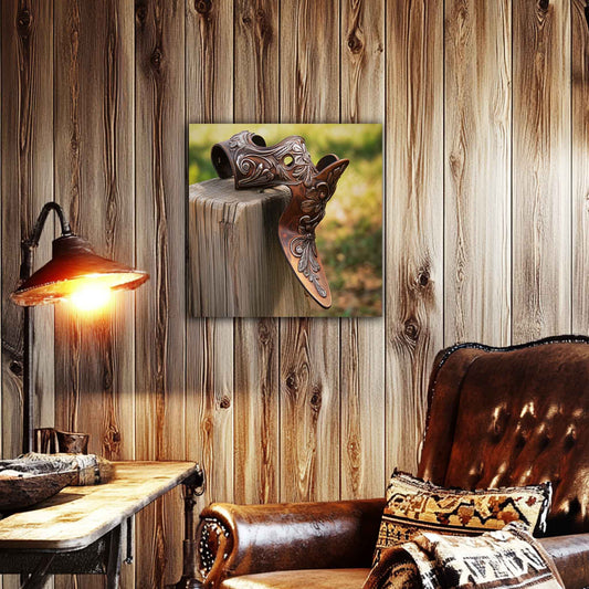 Room view. Canvas print of a close-up Western spur with floral engravings resting on a weathered fence post, captured in warm natural light.