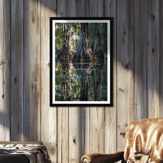 Black frame in room. Three large cypress trees reflected in the still waters of Old Mill Pond in Deep East Texas. Framed, fine art photograph with rich detail and tranquil mood.