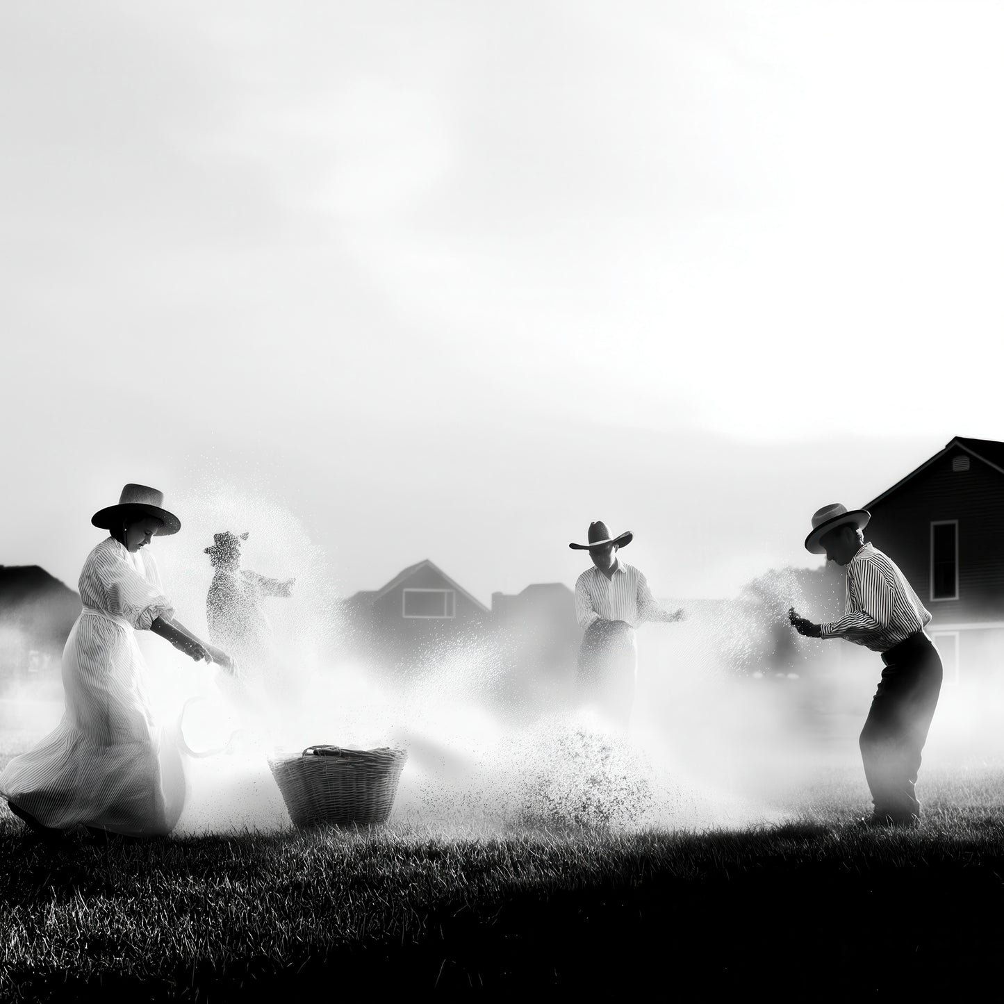 Canvas print of a Western family joyfully splashing water in a sunlit yard, dressed in prairie-style clothing, captured in black and white.