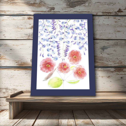 Mat in Indigo. Fine art photograph of pink camellia flowers and lavender-blue wisteria blossoms on a white background. Matted botanical print, ready to frame.