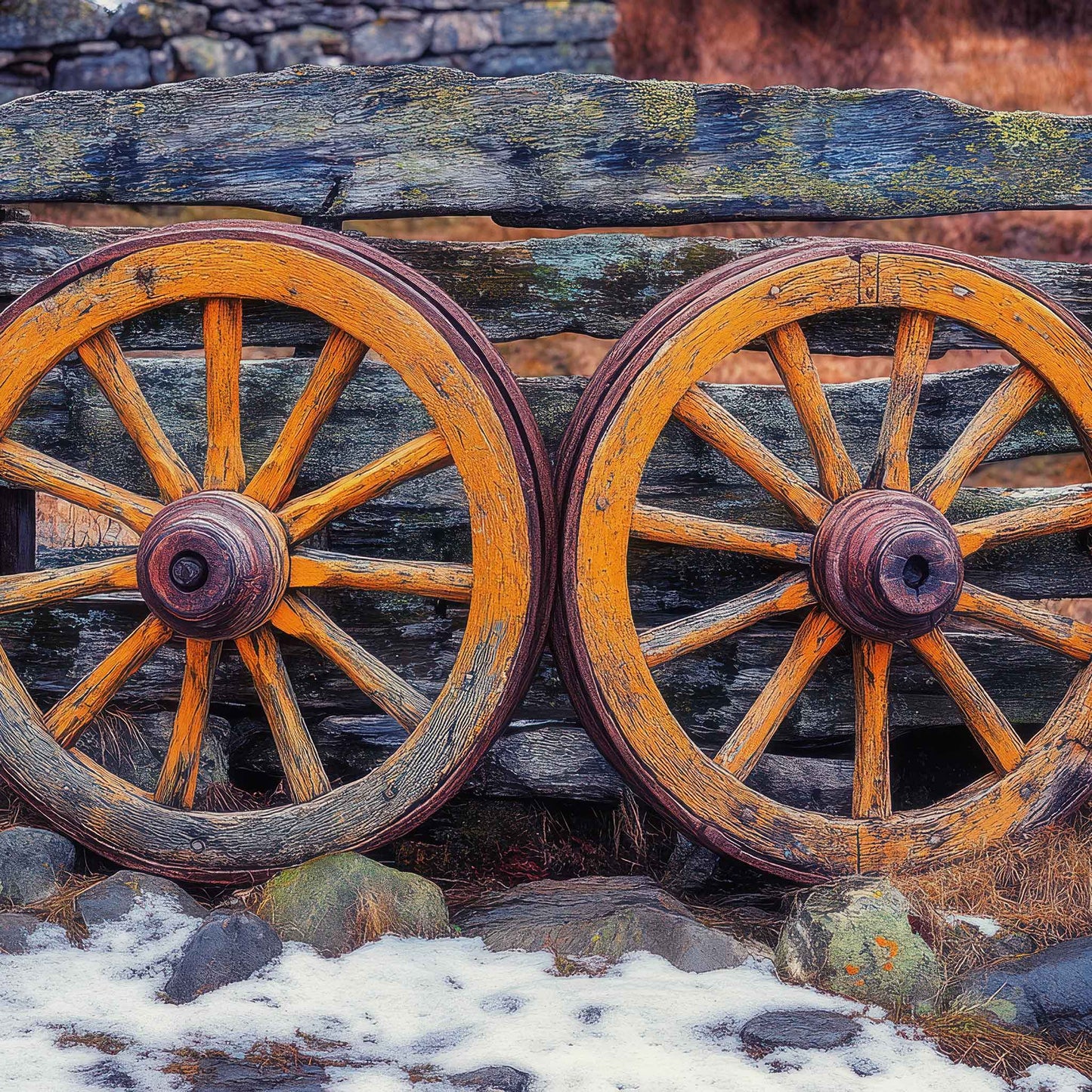 Canvas print featuring two antique wooden wagon wheels leaning against a rustic fence, with snow and stone in the foreground and rich textures throughout.