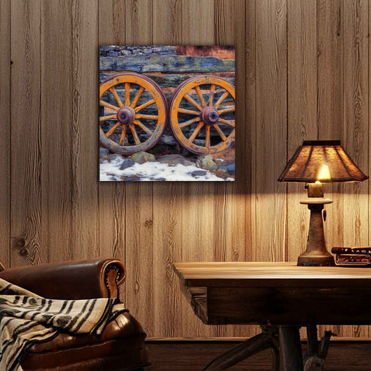 Room view. Canvas print featuring two antique wooden wagon wheels leaning against a rustic fence, with snow and stone in the foreground and rich textures throughout.