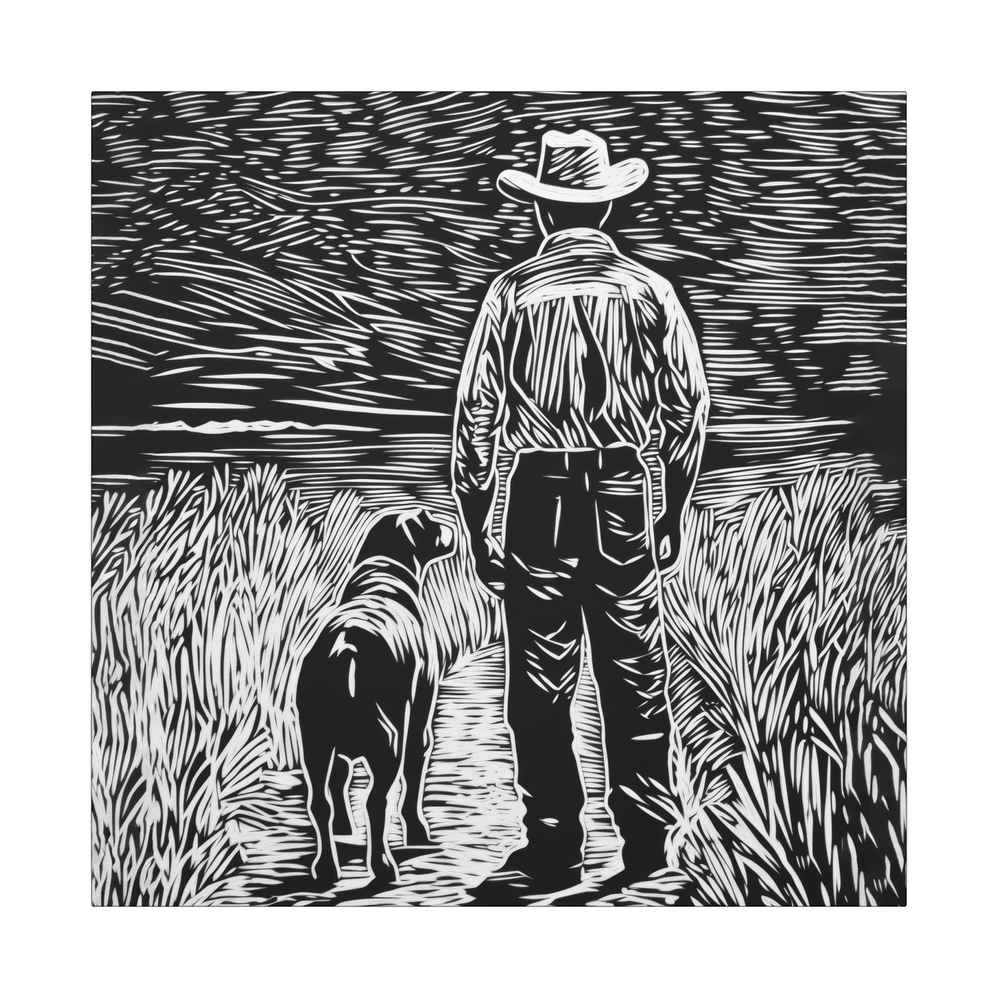 Canvas texture. Canvas print in linocut style showing a cowboy and his dog standing side by side on a country path, gazing toward the horizon in black and white.