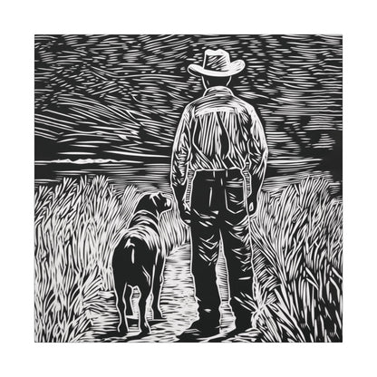Canvas texture. Canvas print in linocut style showing a cowboy and his dog standing side by side on a country path, gazing toward the horizon in black and white.