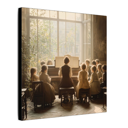 Side view. Vintage canvas print of a teacher playing piano for children in a sunlit classroom. A warm, timeless moment filled with music, light, and learning.