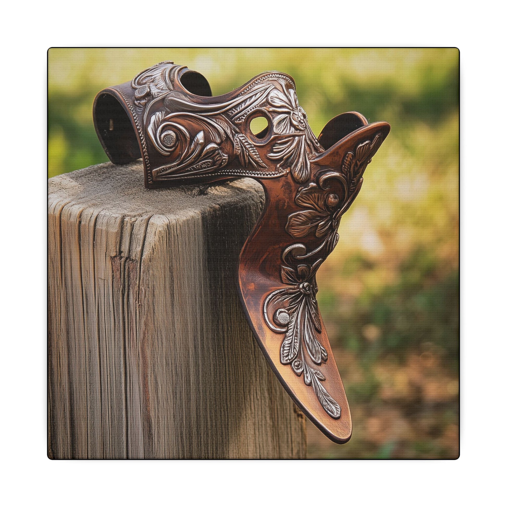 Canvas texture. Canvas print of a close-up Western spur with floral engravings resting on a weathered fence post, captured in warm natural light.