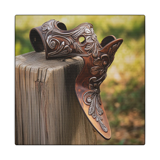 Canvas texture. Canvas print of a close-up Western spur with floral engravings resting on a weathered fence post, captured in warm natural light.