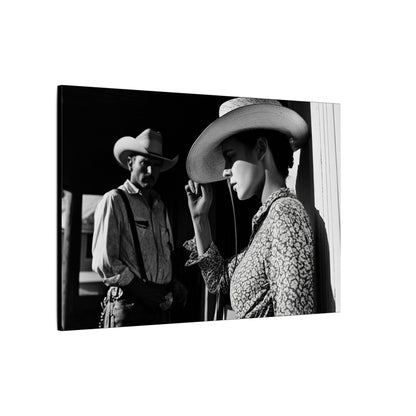Side view. Black and white canvas print of a cowgirl tipping her hat as a cowboy looks on from the shadows, evoking mystery and classic Western emotion.