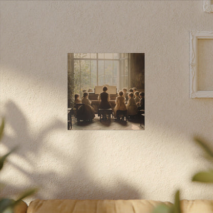 Alternate wall installation. Vintage canvas print of a teacher playing piano for children in a sunlit classroom. A warm, timeless moment filled with music, light, and learning.