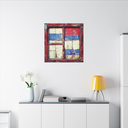 Second room view. Weathered wooden window with red, white, and blue peeling paint in a rustic Western Americana style.