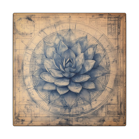 Canvas texture. Vintage-style botanical blueprint of a blue agave cactus in indigo ink, centered in circular technical drawings on aged parchment.
