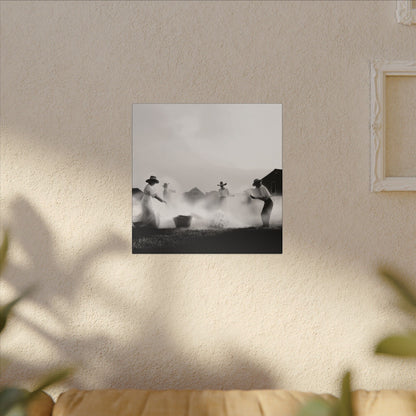 Alternate view on wall. Canvas print of a Western family joyfully splashing water in a sunlit yard, dressed in prairie-style clothing, captured in black and white.