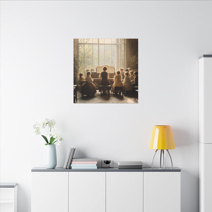 Shown on light gray wall. Vintage canvas print of a teacher playing piano for children in a sunlit classroom. A warm, timeless moment filled with music, light, and learning.