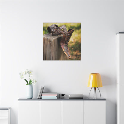 Second alternate room view. Canvas print of a close-up Western spur with floral engravings resting on a weathered fence post, captured in warm natural light.