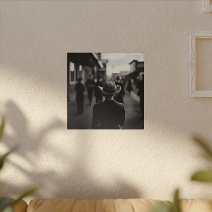 “New in Town” – Black and White Western Street Scene Canvas Print