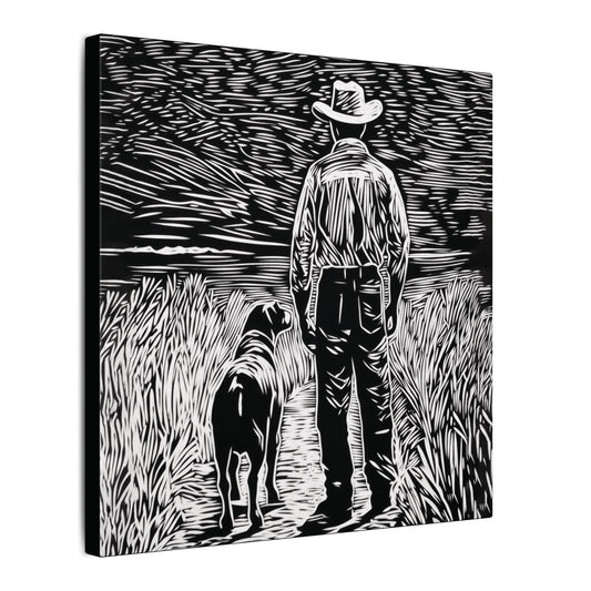 Side view. Canvas print in linocut style showing a cowboy and his dog standing side by side on a country path, gazing toward the horizon in black and white.