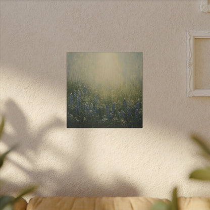 Alternate room view. Canvas print of a sunlit Texas meadow filled with blooming bluebonnets and wildflowers, softly painted in golden morning light.