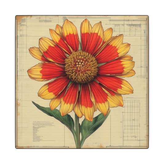Canvas texture. Canvas print featuring a detailed Indian Blanket wildflower illustration layered over a vintage botanical blueprint, seamlessly combining art, nature, and design.