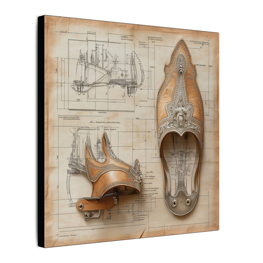 Side view. Canvas print of handcrafted Western spurs displayed over a detailed patent-style blueprint, blending rustic leatherwork with precise technical illustration.