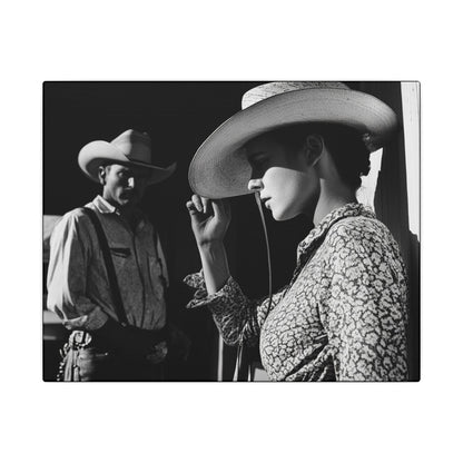 10 x 8 crop. Black and white canvas print of a cowgirl tipping her hat as a cowboy looks on from the shadows, evoking mystery and classic Western emotion.