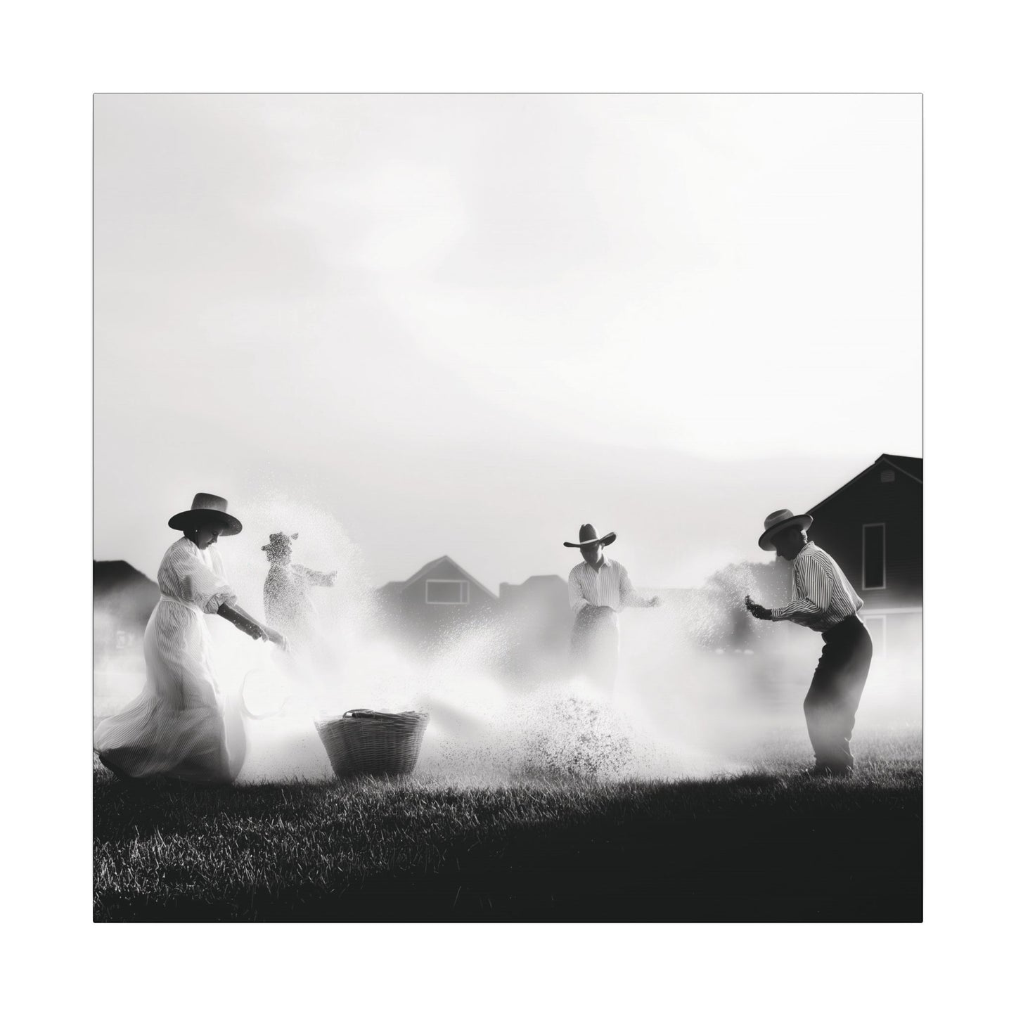 Product view. Canvas print of a Western family joyfully splashing water in a sunlit yard, dressed in prairie-style clothing, captured in black and white.