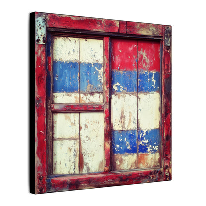 Side view. Weathered wooden window with red, white, and blue peeling paint in a rustic Western Americana style.