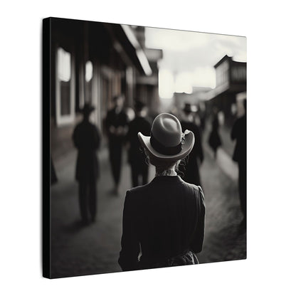 “New in Town” – Black and White Western Street Scene Canvas Print