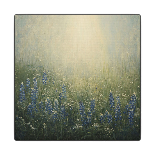 Canvas texture. Canvas print of a sunlit Texas meadow filled with blooming bluebonnets and wildflowers, softly painted in golden morning light.