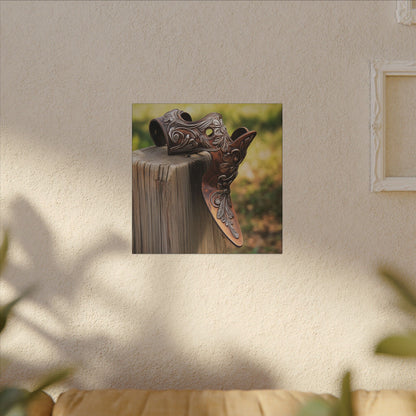 Alternate room view. Canvas print of a close-up Western spur with floral engravings resting on a weathered fence post, captured in warm natural light.